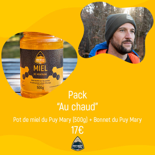 Pack au chaud : pot de miel du Puy Mary 500g + Bonnet du Puy Mary
